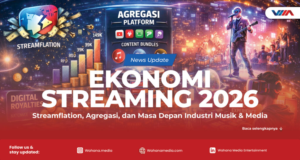 Ilustrasi ekonomi streaming 2026 dengan ikon musik, film, dan platform digital dalam satu ekosistem terintegrasi