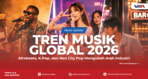 article Ilustrasi tren musik global 2026 dengan elemen Afrobeats, K-Pop, dan City Pop modern