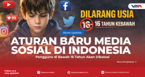 Ilustrasi remaja menggunakan smartphone dengan ikon media sosial dan konsep pembatasan usia digital di Indonesia