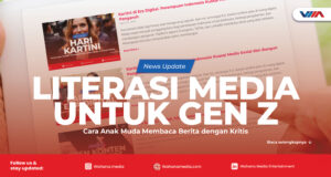 article Ilustrasi anak muda menggunakan smartphone sambil menganalisis berita digital secara kritis