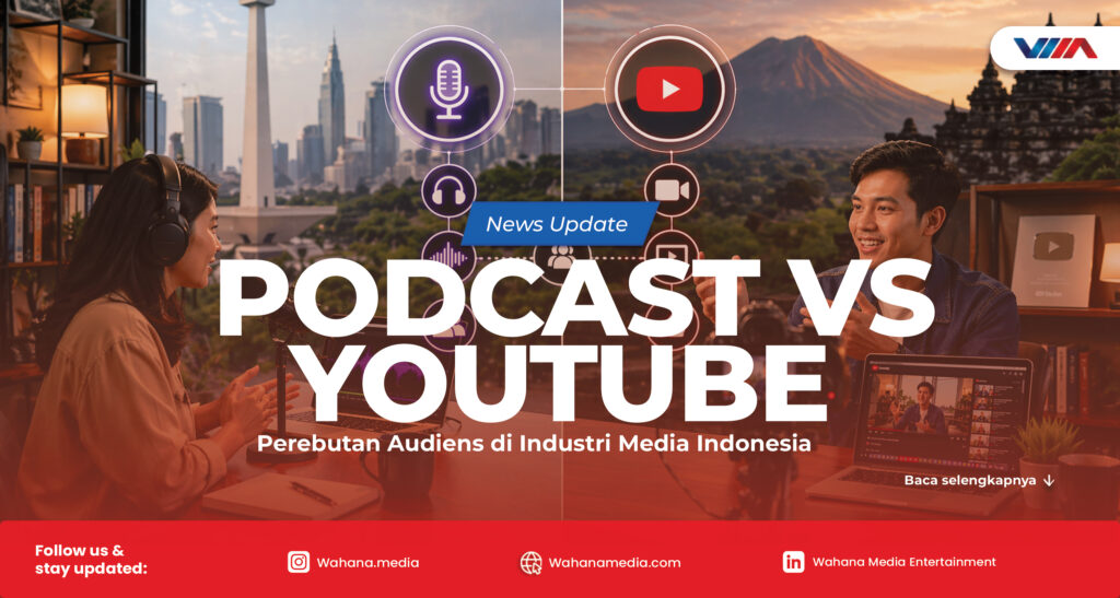 Ilustrasi perbandingan podcast dan YouTube sebagai platform konten audio visual di Indonesia