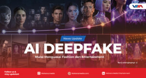 article Ilustrasi wajah model sintetis yang dibuat oleh AI, menampilkan tekstur kulit digital dengan latar belakang gelap dan garis-garis sirkuit, merepresentasikan teknologi deepfake dalam industri fashion.