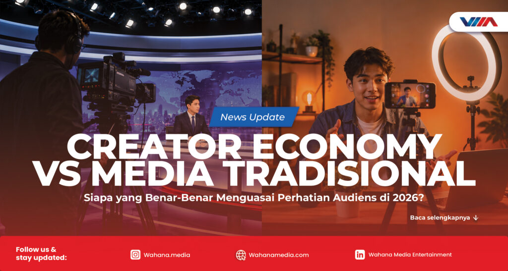 Ilustrasi perbandingan visual antara studio siaran televisi tradisional di satu sisi dan seorang kreator konten yang merekam video dengan smartphone di sisi lain, merepresentasikan persaingan creator economy dan media konvensional.
