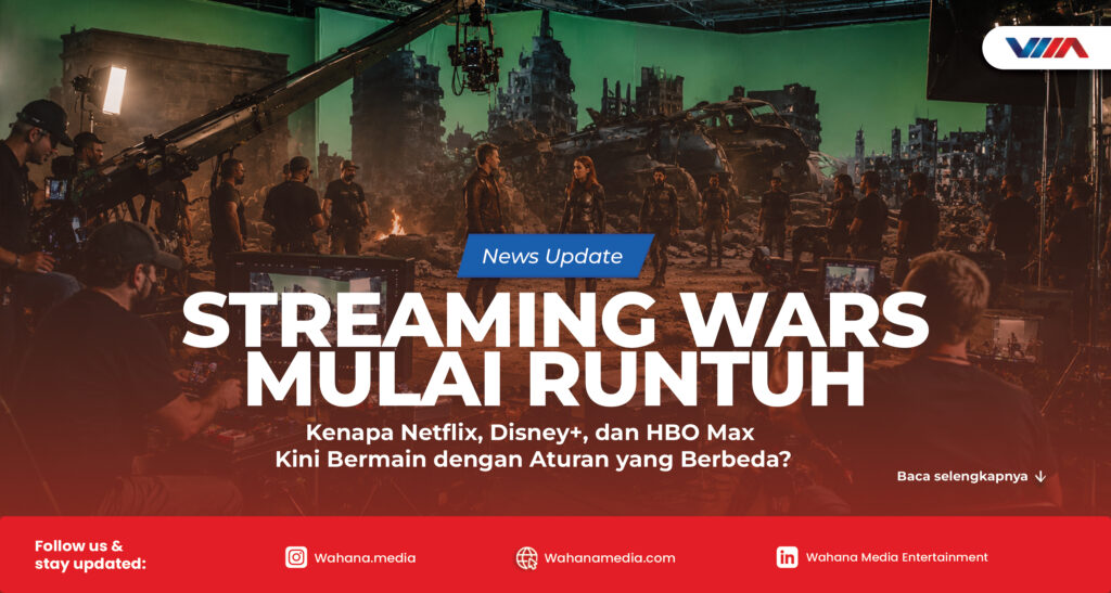 Streaming Wars Mulai Runtuh: Kenapa Netflix, Disney+, dan HBO Max Kini Bermain dengan Aturan yang Berbeda? Suasana set produksi film Hollywood dengan kru dan peralatan sinema profesional, menggambarkan industri konten premium yang tengah beradaptasi menghadapi perubahan model bisnis streaming.