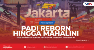 Poster puncak perayaan HUT ke-499 Jakarta di Bundaran HI dengan penampilan Padi Reborn, Mahalini, dan Adrian Khalif.