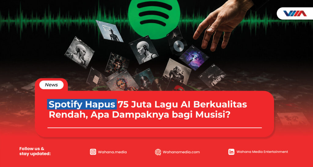 Spotify Hapus 75 Juta Lagu AI Berkualitas Rendah, Apa Dampaknya bagi Musisi? Ilustrasi tampilan Spotify dengan gelombang musik digital dan elemen kecerdasan buatan (AI), menggambarkan upaya platform membersihkan jutaan lagu spam berkualitas rendah untuk menjaga ekosistem musik yang sehat.